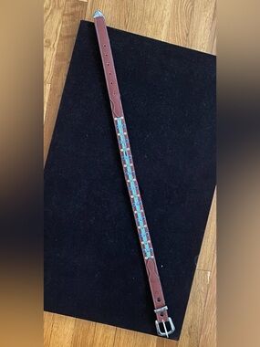 HANDCRAFTED BOHO Belt Turquoise and Blue sequins  silver tone buckle. Small